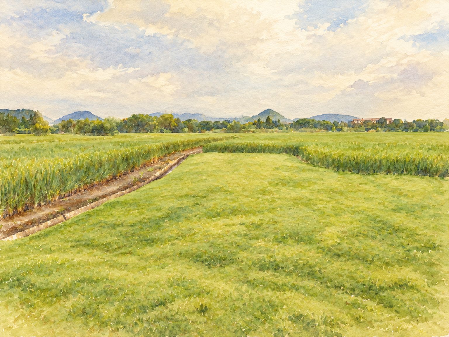 站上高处望出去，草坪、稻田和远山，自己铺成了一幅画。